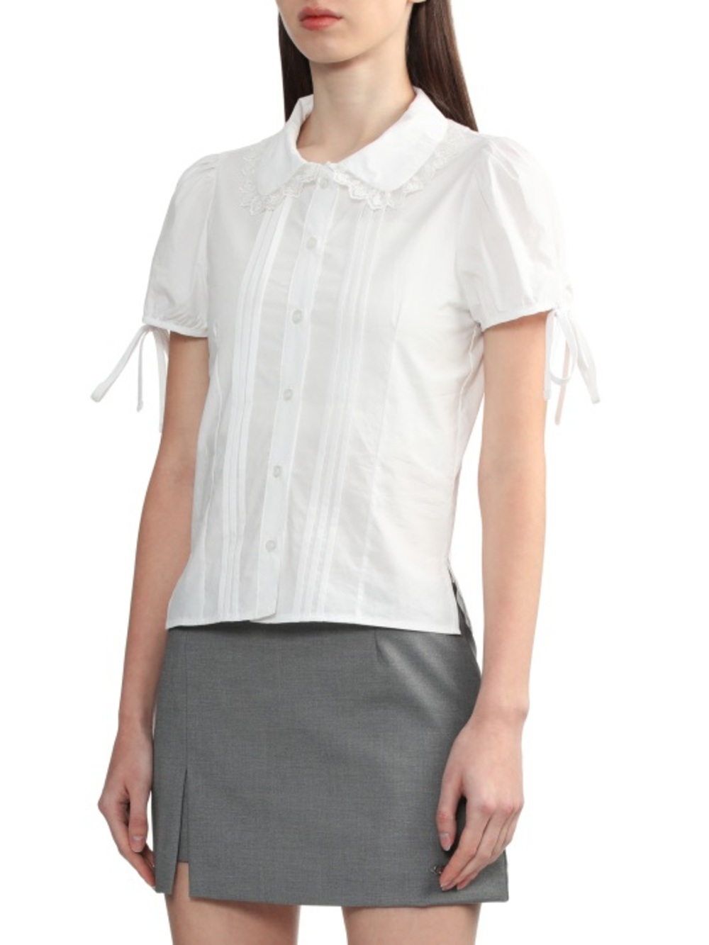 Poplin White Lace-Trim Puff Sleeve Shirt